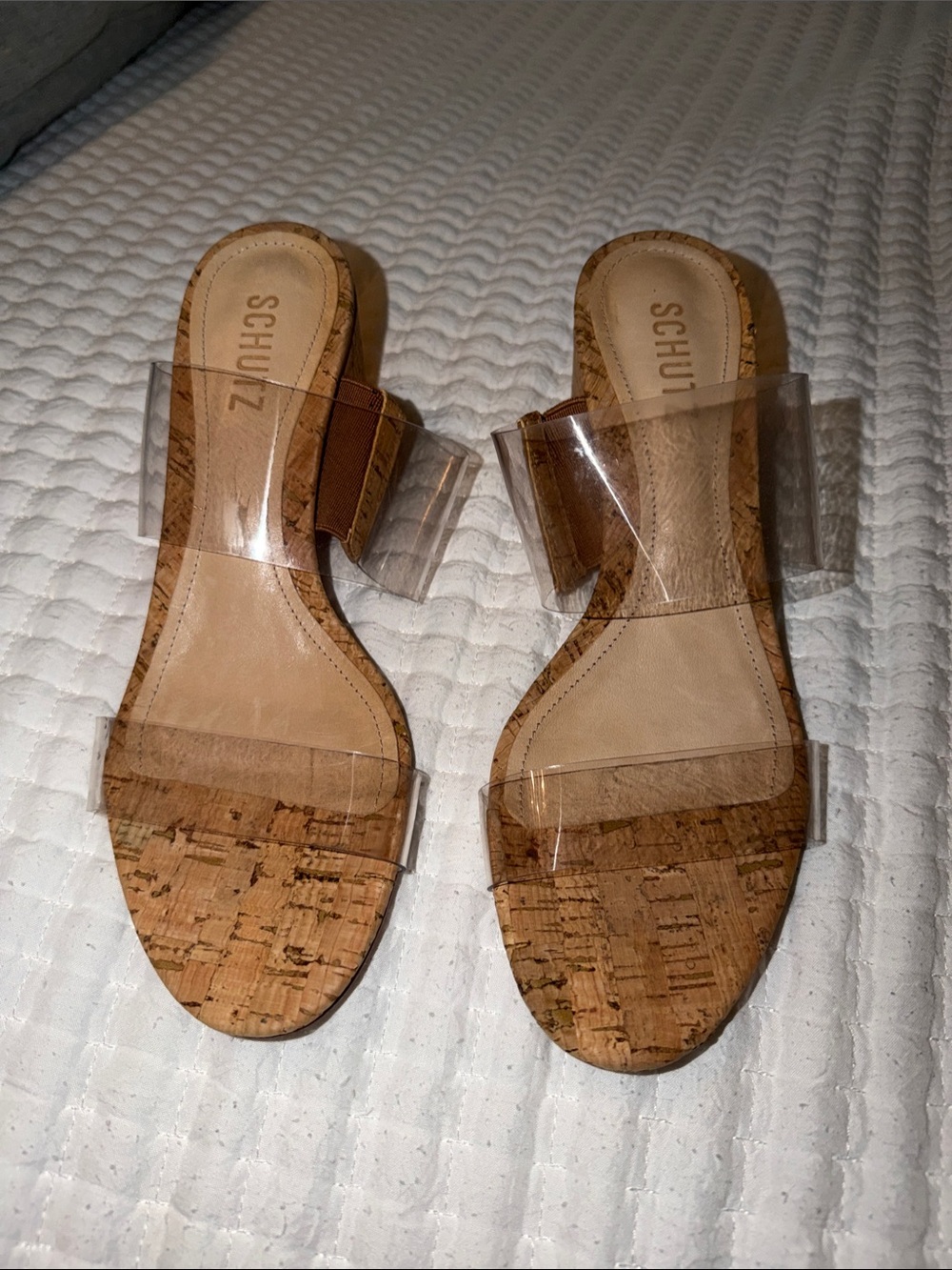 SCHUTZ Victorie Double-Band Cork Slide Sandals in Tan and Clear